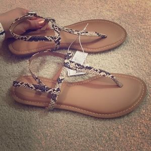 NWT Faux Leather, T-Strap, Snake Print Sandals